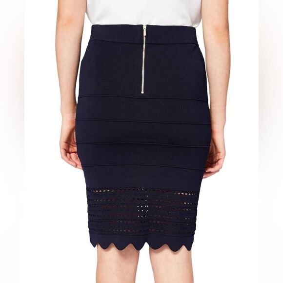 Ted Baker 5 - 12 Navy Scalloped Eyelet Knit Detail Back Zip Pencil Skirt - Picture 3 of 11